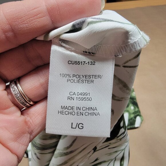 Hilary Radley Size L White with Green Palm Leaf Pattern V Neck Blouse - Picture 12 of 12